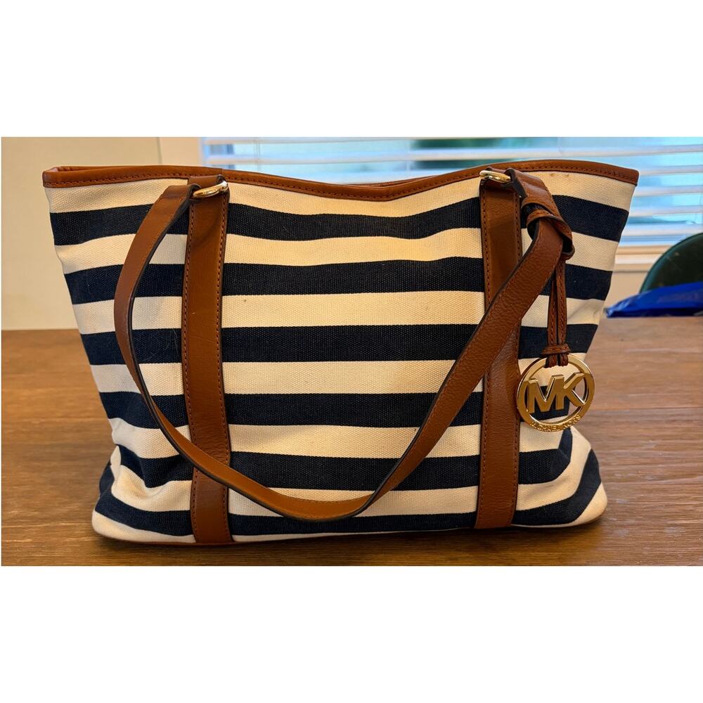 Michael Kors Striped Canvas Tote Bag Navy White Brown Leather Shoulder Bag